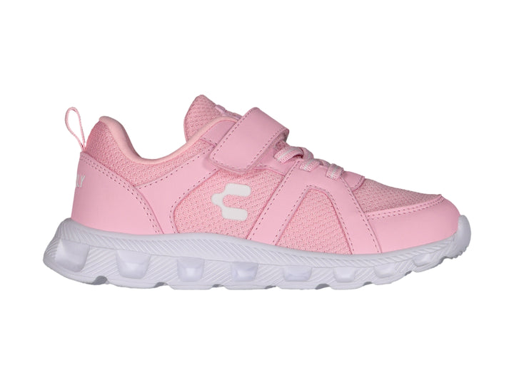 Tenis deportivos color rosa con suela blanca, cierre de velcro y agujetas.