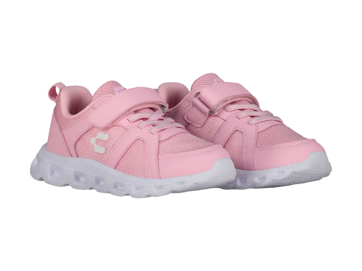 Tenis deportivos color rosa con suela blanca, cierre de velcro y agujetas.