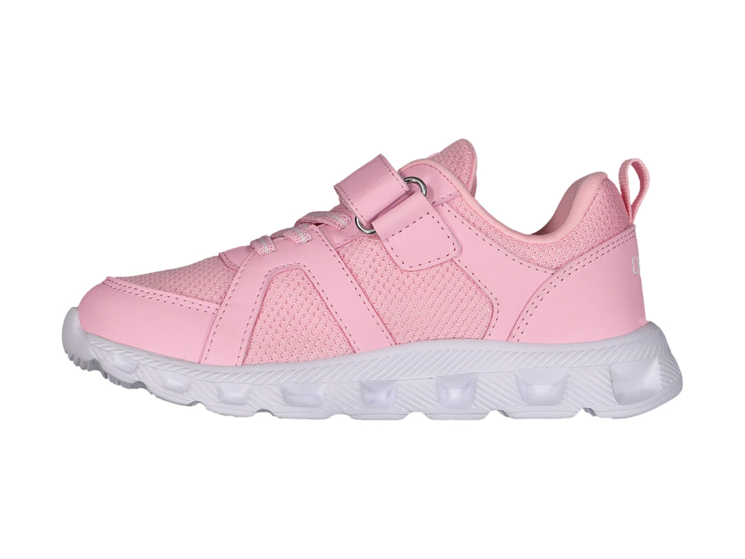 Tenis deportivos color rosa con suela blanca, cierre de velcro y agujetas.