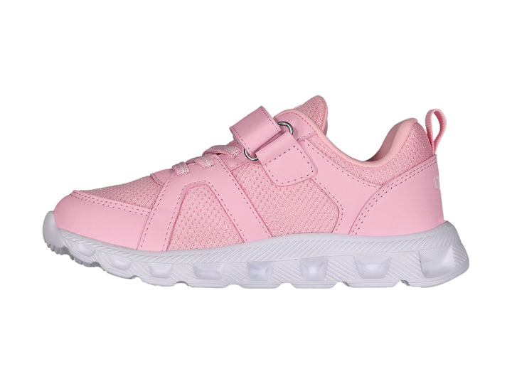 Tenis deportivos color rosa con suela blanca, cierre de velcro y agujetas.