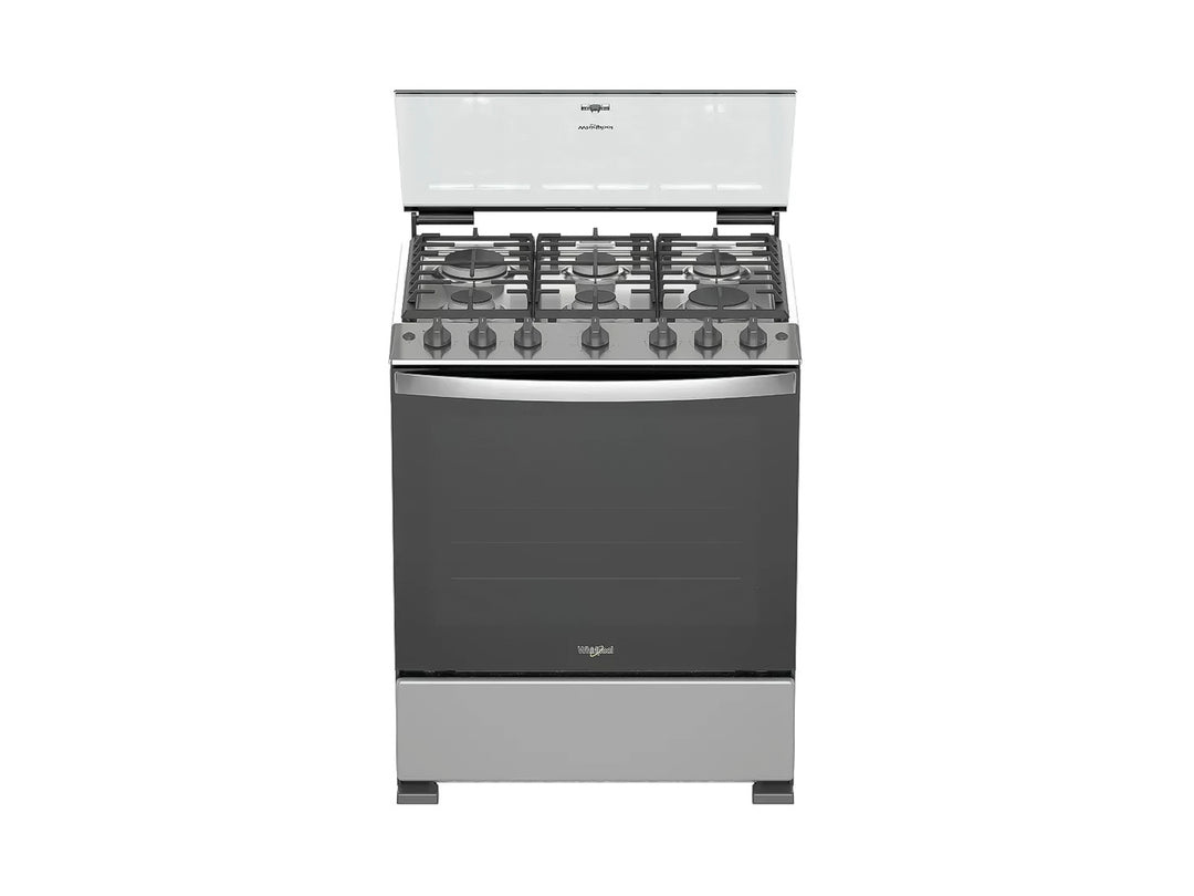 Estufa Whirlpool de 6 quemadores color silver con horno y acabado metálico.