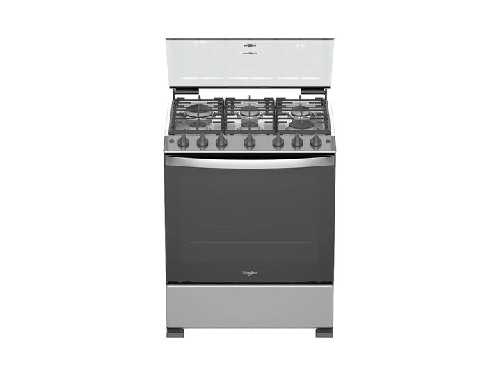 Estufa Whirlpool de 6 quemadores color silver con horno y acabado metálico.