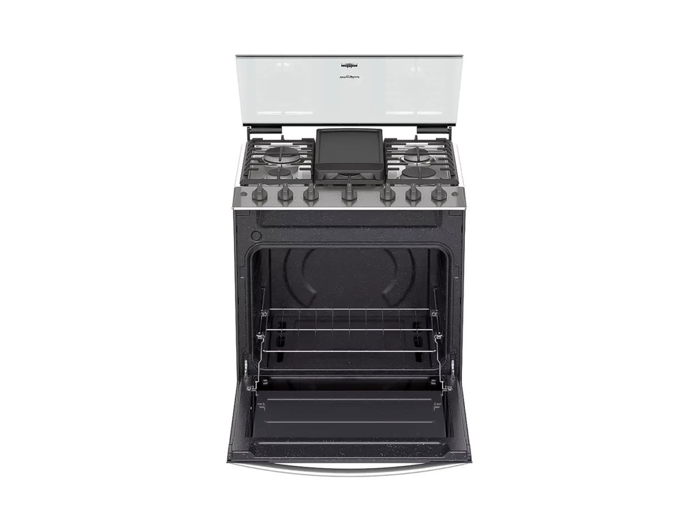 Estufa Whirlpool de 6 quemadores color silver con horno y acabado metálico.