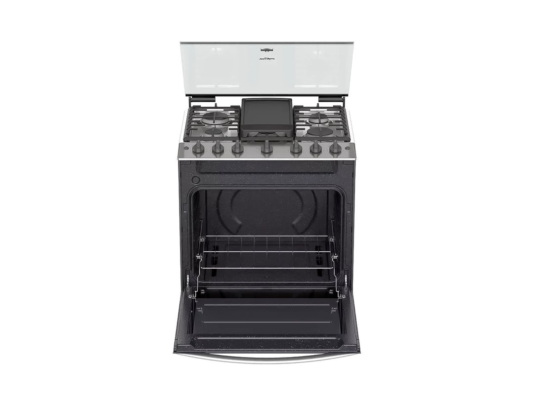 Estufa Whirlpool de 6 quemadores color silver con horno y acabado metálico.