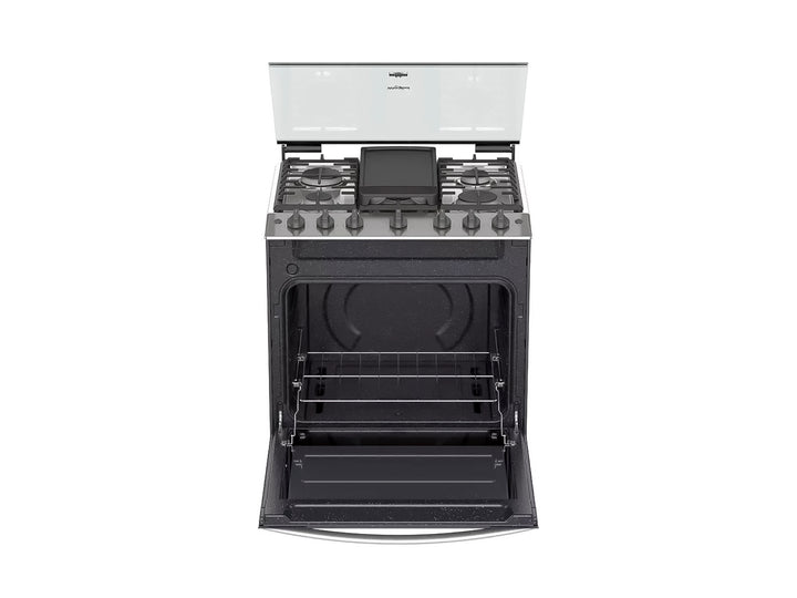 Estufa Whirlpool de 6 quemadores color silver con horno y acabado metálico.