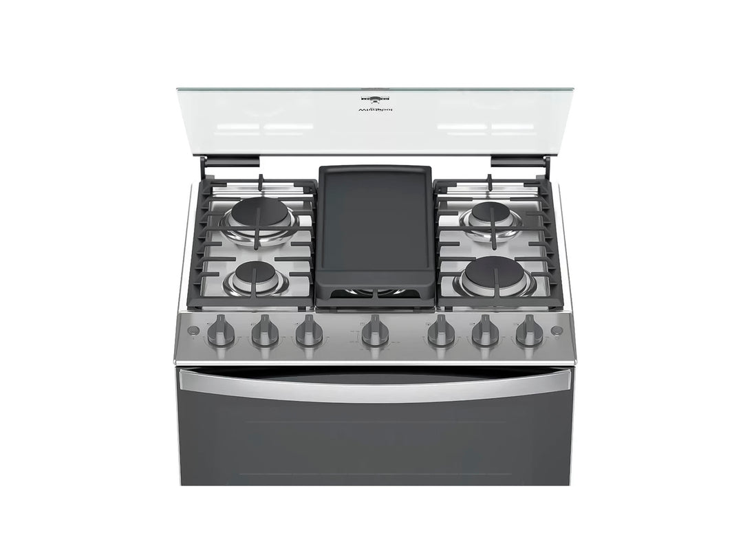 Estufa Whirlpool de 6 quemadores color silver con horno y acabado metálico.