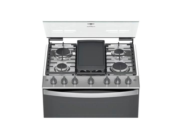 Estufa Whirlpool de 6 quemadores color silver con horno y acabado metálico.