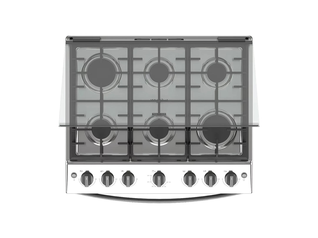 Estufa Whirlpool de 6 quemadores color silver con horno y acabado metálico.