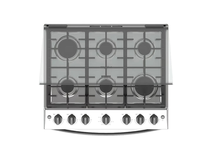 Estufa Whirlpool de 6 quemadores color silver con horno y acabado metálico.
