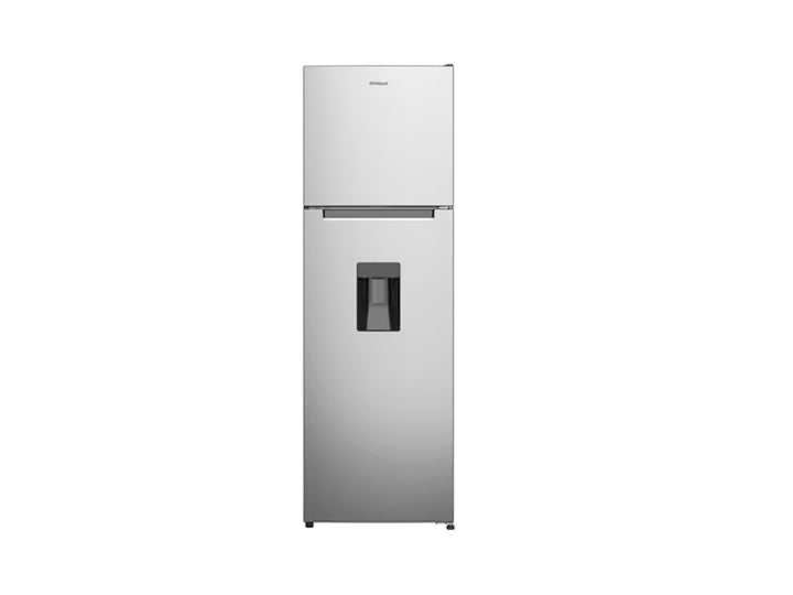 Refrigerador Whirlpool color plata con dispensador de agua frontal y congelador superior.