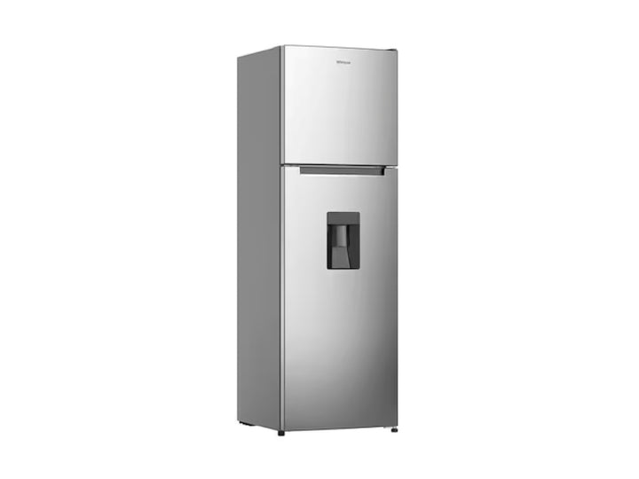 Refrigerador Whirlpool color plata con dispensador de agua frontal y congelador superior.