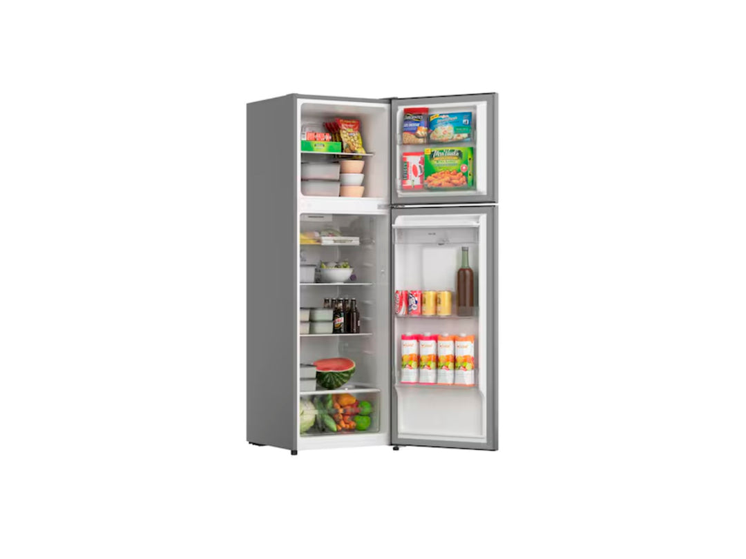 Refrigerador Whirlpool color plata con dispensador de agua frontal y congelador superior.