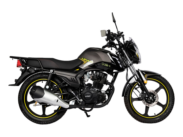 Motocicleta LIFAN LF-200 en color negro con detalles amarillos, diseño urbano para trabajo.