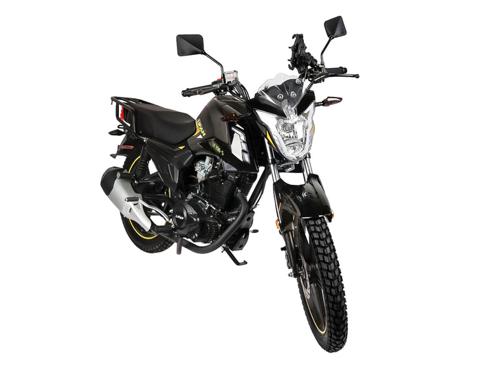 Motocicleta LIFAN LF-200 en color negro con detalles amarillos, diseño urbano para trabajo.