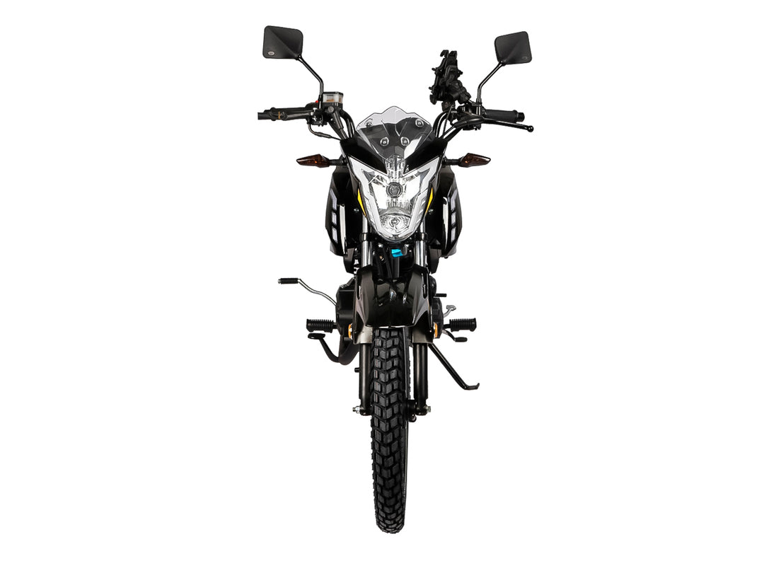 Motocicleta LIFAN LF-200 en color negro con detalles amarillos, diseño urbano para trabajo.