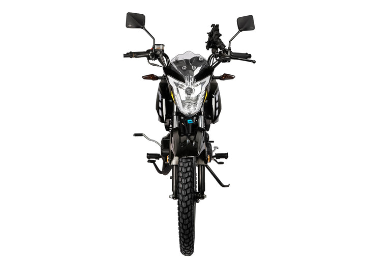Motocicleta LIFAN LF-200 en color negro con detalles amarillos, diseño urbano para trabajo.