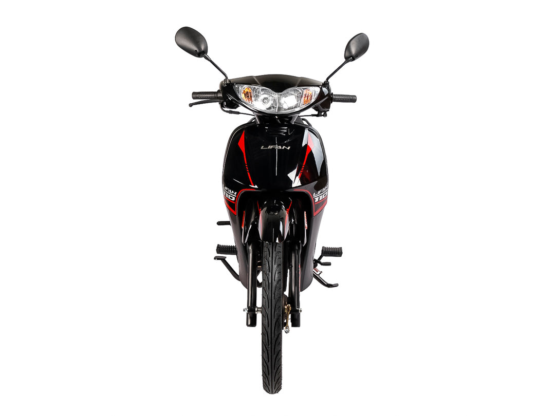 Motocicleta Lifan LF-110 color negro con detalles en rojo y blanco, vista lateral sobre fondo blanco.