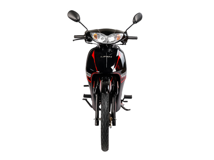 Motocicleta Lifan LF-110 color negro con detalles en rojo y blanco, vista lateral sobre fondo blanco.