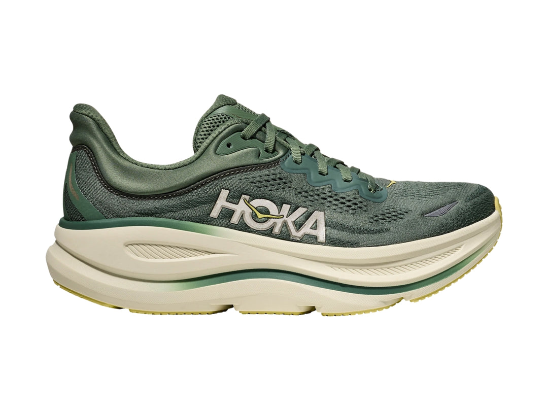Tenis HOKA Bondi 9 en color verde suculento con suela blanca ancha y diseño deportivo.