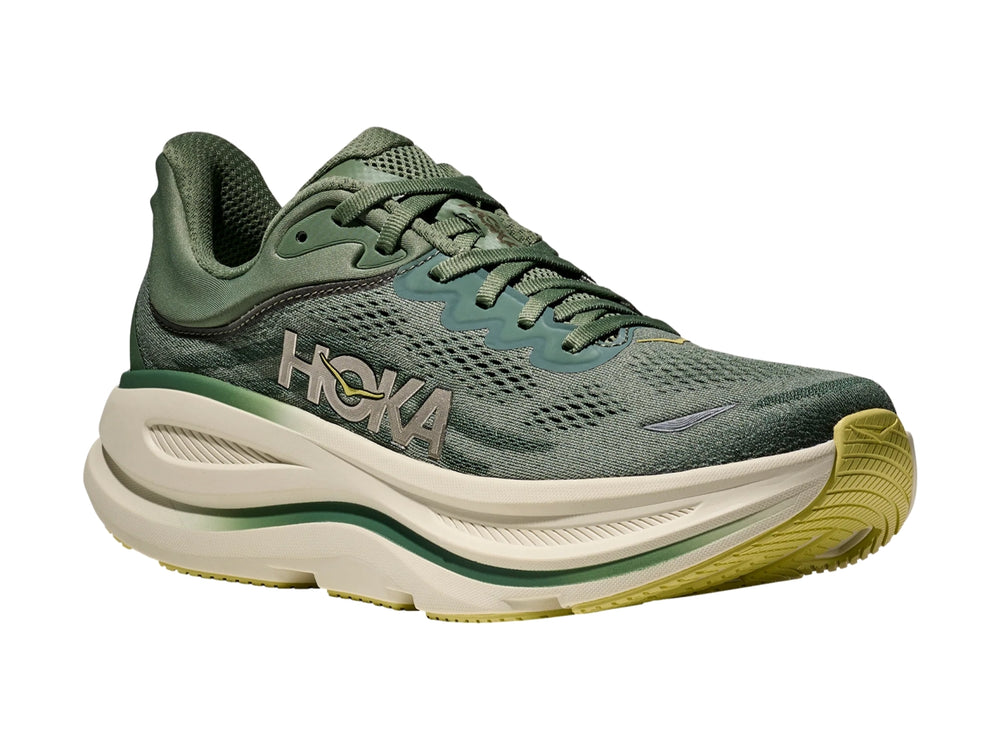 Tenis HOKA Bondi 9 en color verde suculento con suela blanca ancha y diseño deportivo.