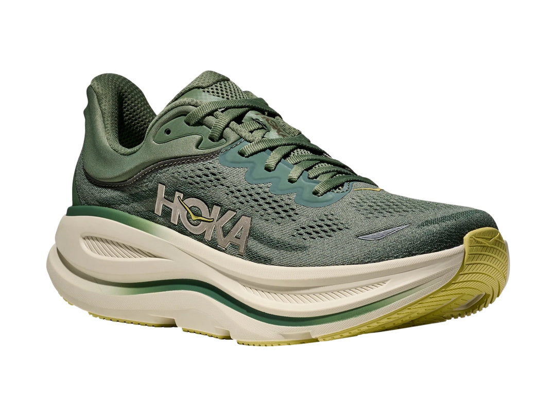 Tenis HOKA Bondi 9 en color verde suculento con suela blanca ancha y diseño deportivo.