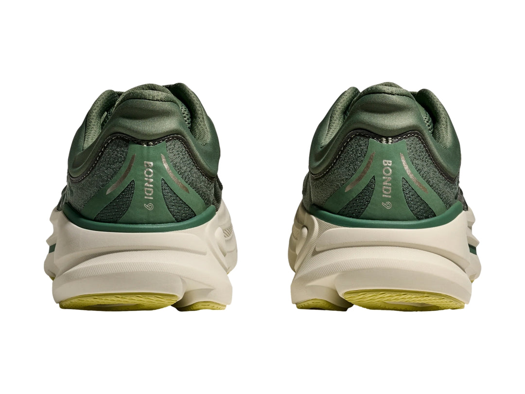 Tenis HOKA Bondi 9 en color verde suculento con suela blanca ancha y diseño deportivo.