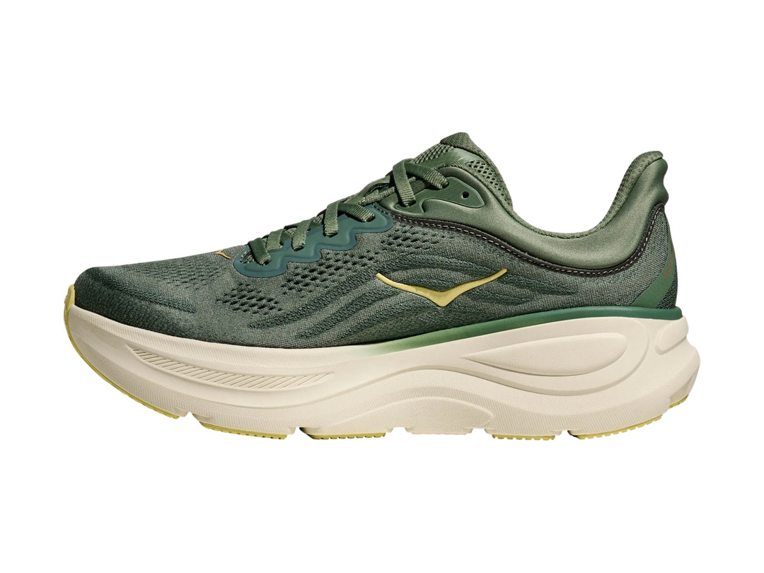 Tenis HOKA Bondi 9 en color verde suculento con suela blanca ancha y diseño deportivo.