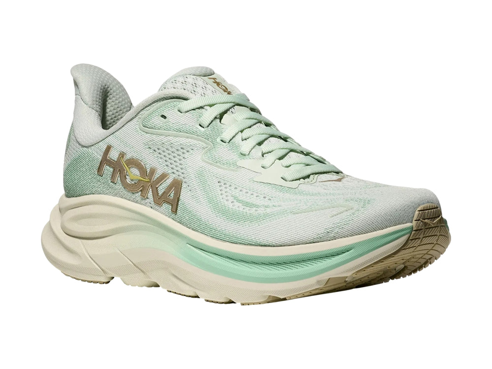 Tenis deportivos HOKA Clifton 10 en color verde menta y blanco con suela ancha amortiguada.