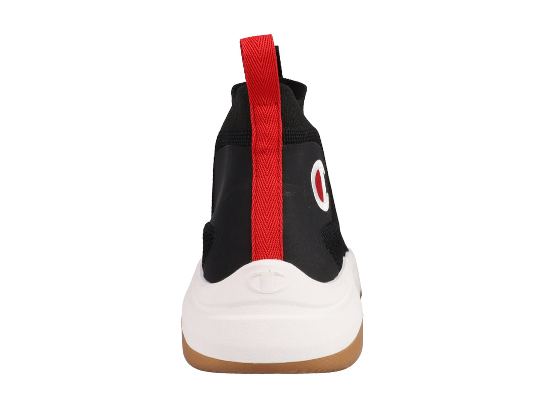 Tenis Champion color negro con suela blanca y marrón, diseño tipo calcetín y logo lateral