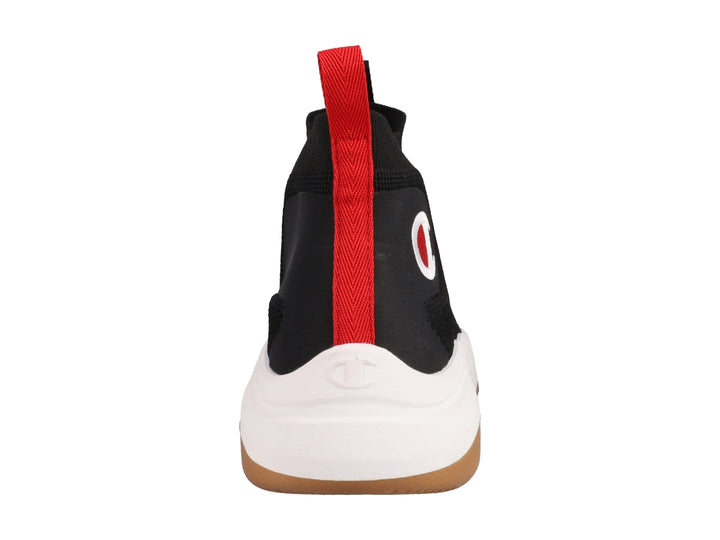 Tenis Champion color negro con suela blanca y marrón, diseño tipo calcetín y logo lateral