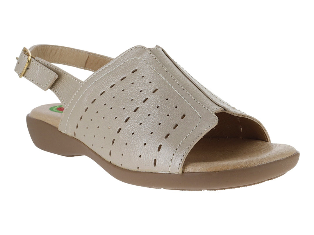Sandalia color mercurio para mujer con diseño perforado, correa ajustable con hebilla y suela marrón.