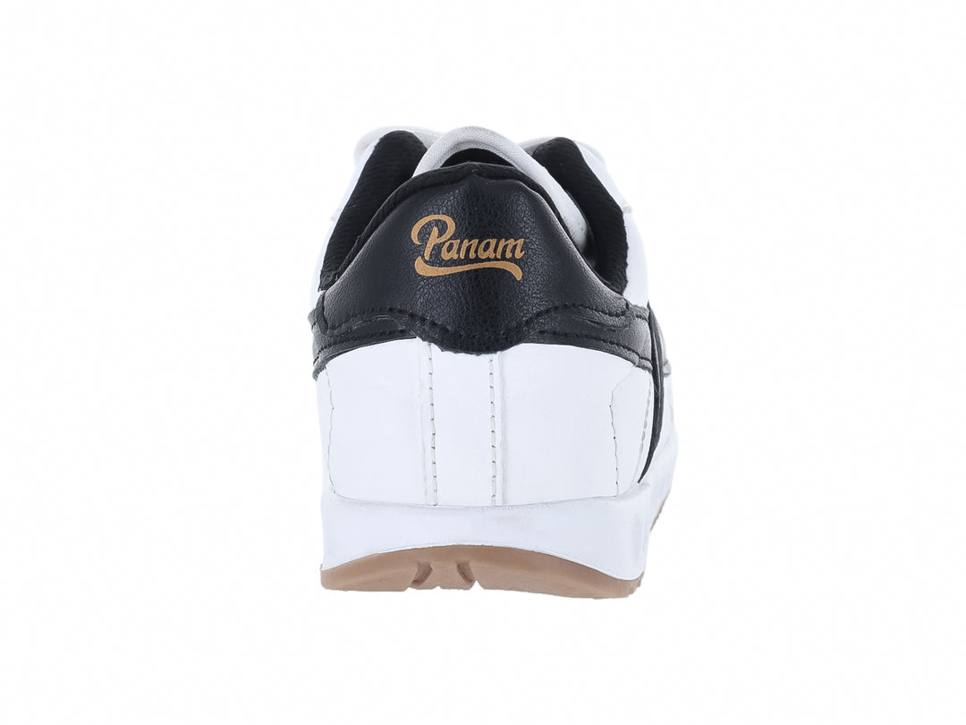 Tenis Panam blancos con detalles en negro y suela color café para niños.