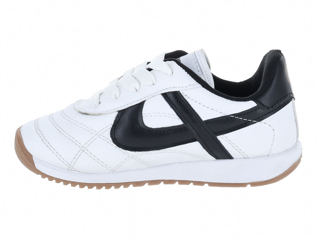 Tenis Panam blancos con detalles en negro y suela color café para niños.