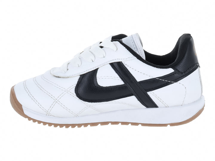 Tenis Panam blancos con detalles en negro y suela color café para niños.