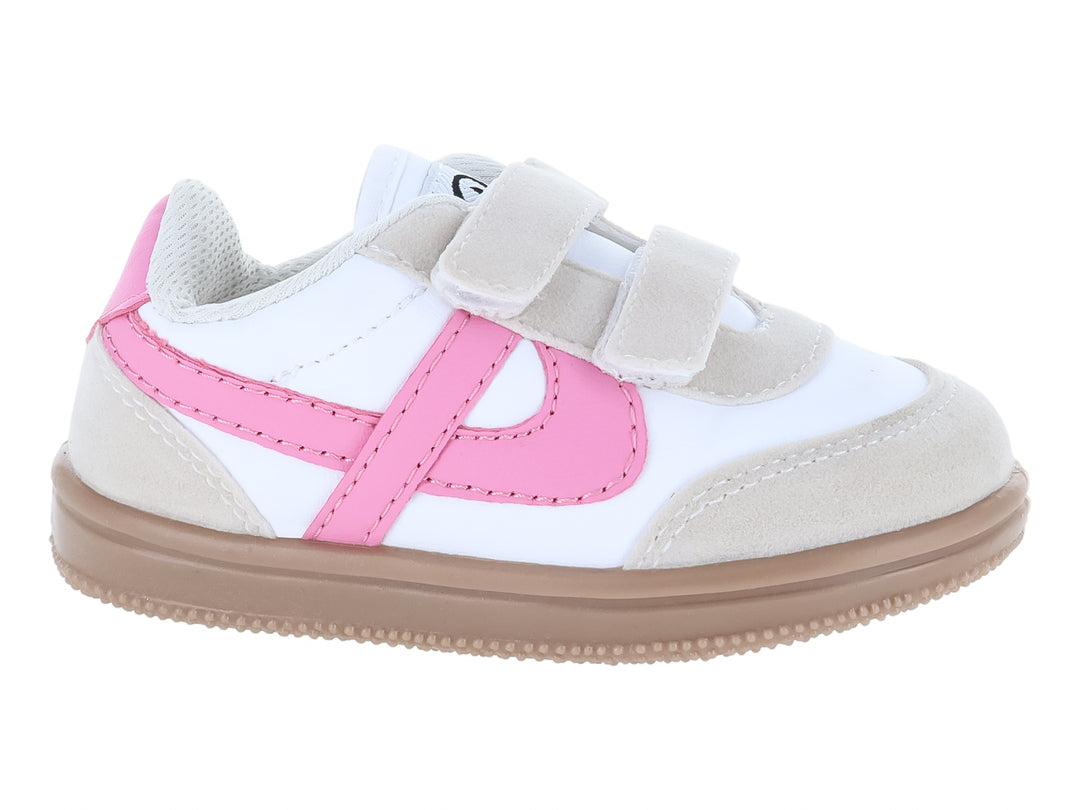 Tenis infantiles Panam color blanco y rosa con cierres de velcro y suela beige.