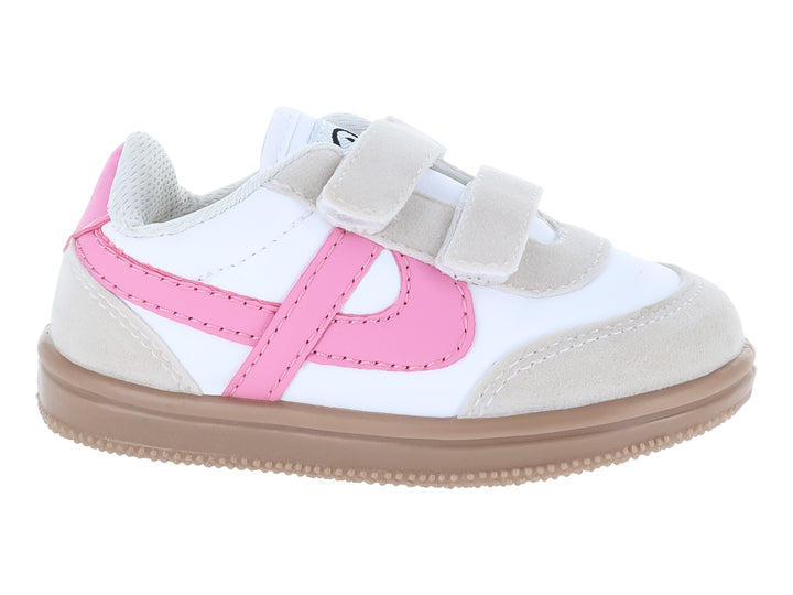 Tenis infantiles Panam color blanco y rosa con cierres de velcro y suela beige.