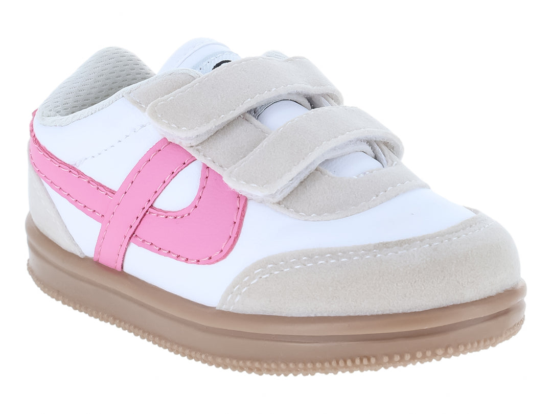 Tenis infantiles Panam color blanco y rosa con cierres de velcro y suela beige.