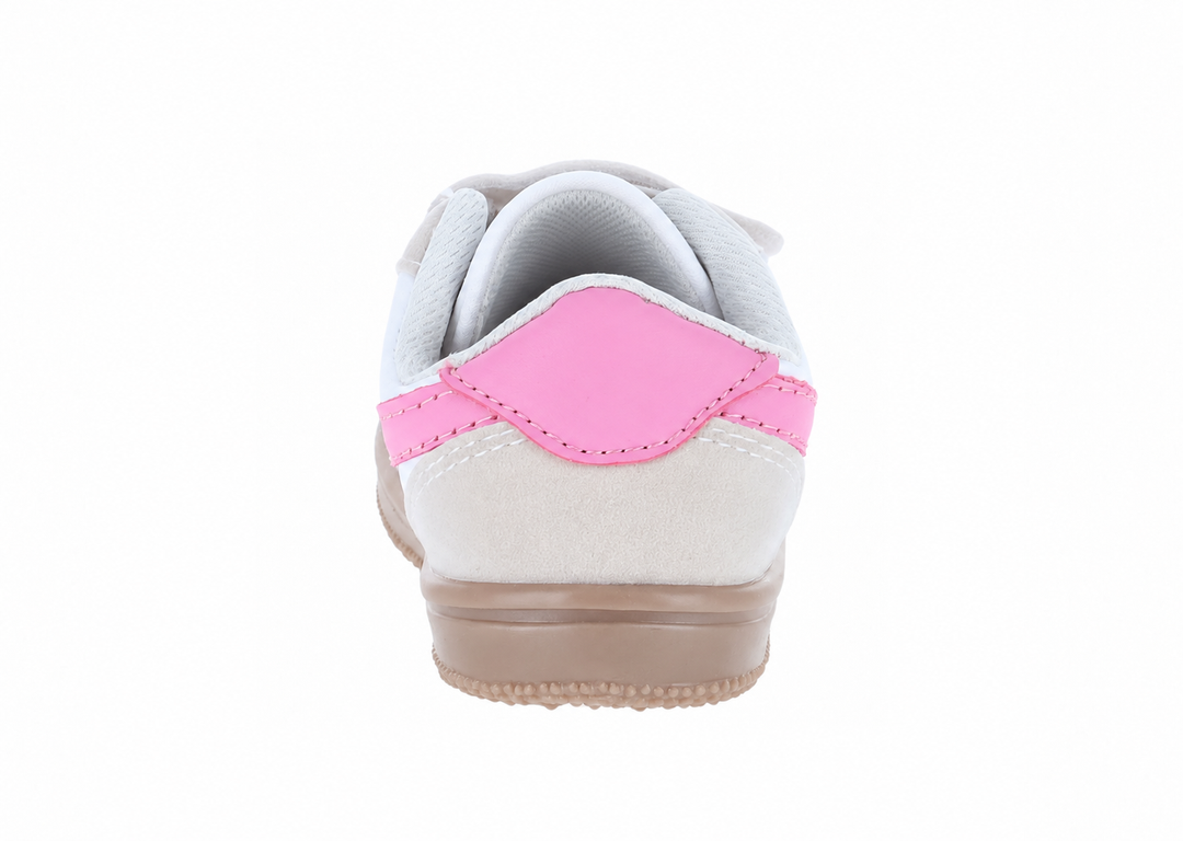 Tenis infantiles Panam color blanco y rosa con cierres de velcro y suela beige.