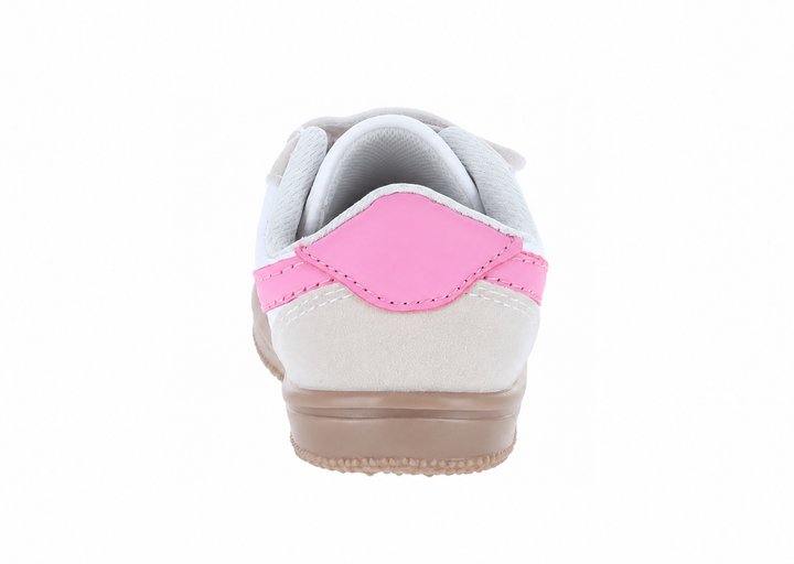 Tenis infantiles Panam color blanco y rosa con cierres de velcro y suela beige.
