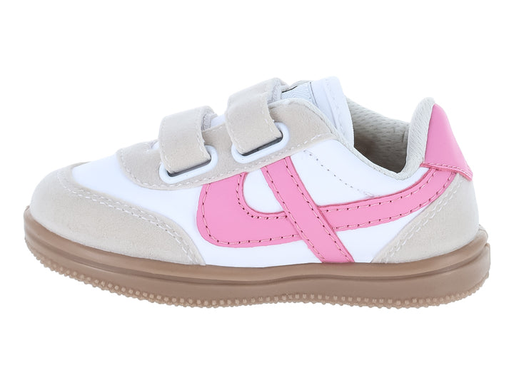 Tenis infantiles Panam color blanco y rosa con cierres de velcro y suela beige.