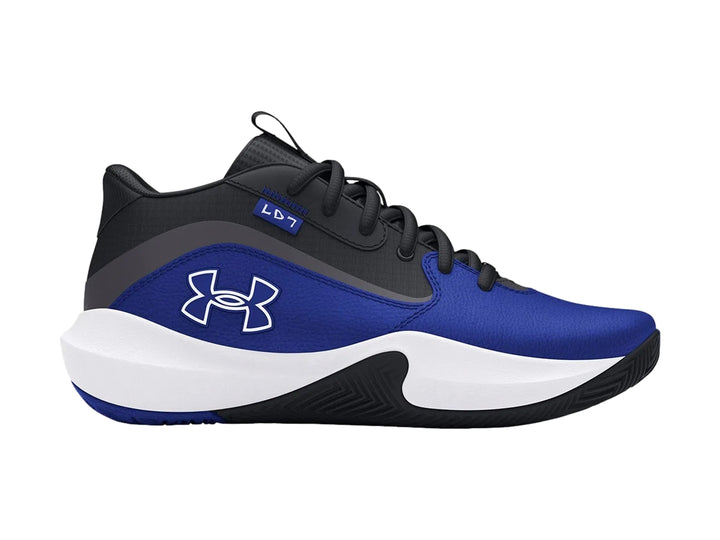 Tenis de baloncesto Under Armour en colores azul, negro y blanco.