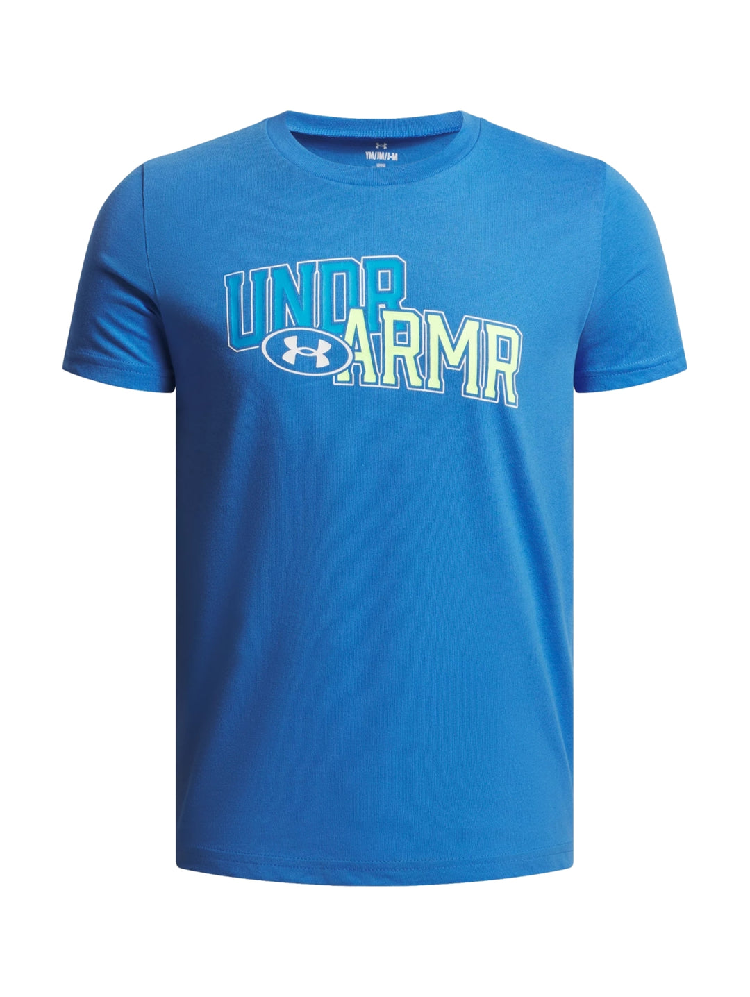 Camiseta deportiva azul de manga corta con logotipo de Under Armour en el pecho.