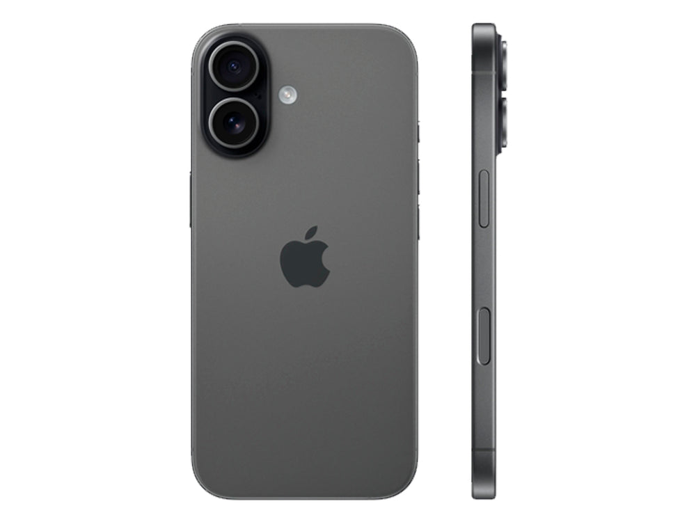 Vista frontal y trasera de un iPhone color negro con acabado mate y sistema de doble cámara.