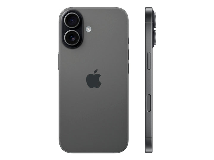 Vista frontal y trasera de un iPhone color negro con acabado mate y sistema de doble cámara.