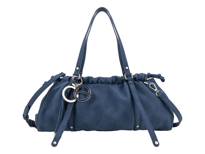 Bolsa de hombro Cloe en color azul marino con detalles plateados y diseño fruncido.