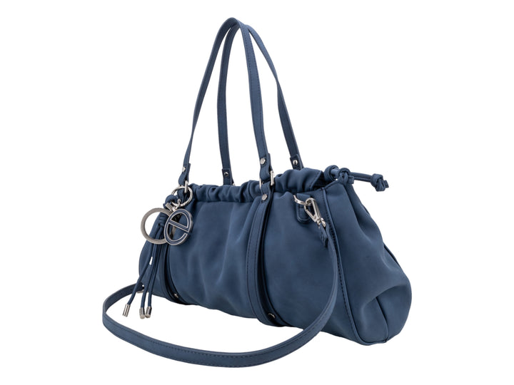Bolsa de hombro Cloe en color azul marino con detalles plateados y diseño fruncido.
