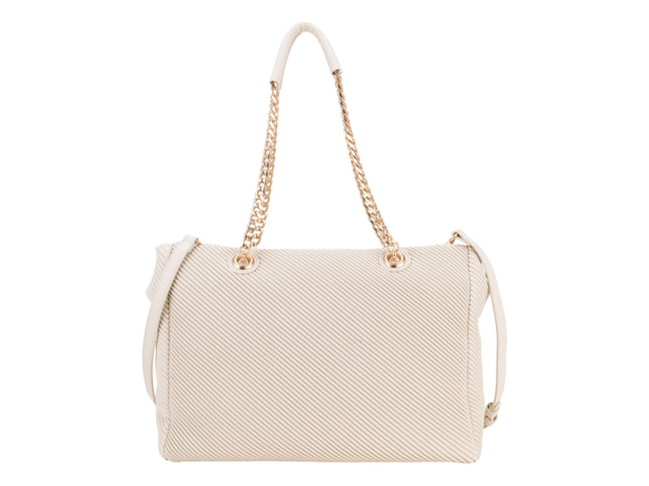 Bolsa de hombro Cloe en color beige con textura lineal y asas combinadas de material sintético y cadena dorada.