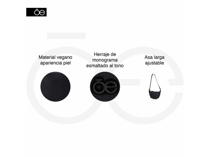 Bolso Cloe de color negro con forma semicircular, correa larga y detalles metálicos en dorado.