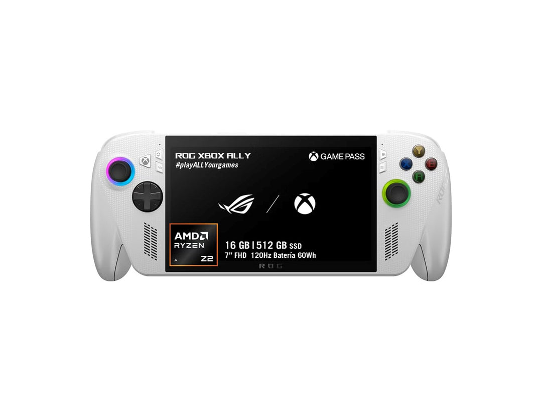 Consola portátil ASUS ROG XBOX ALLY en color blanco con pantalla encendida y controles laterales.