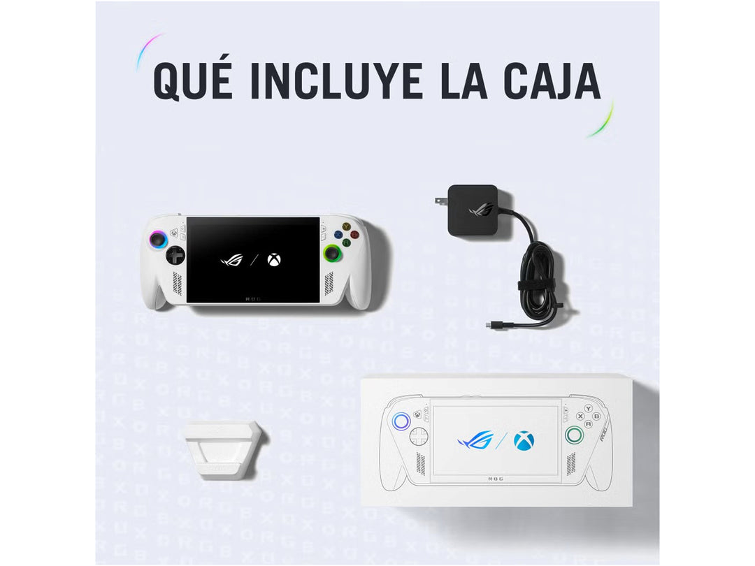 Consola portátil ASUS ROG XBOX ALLY en color blanco con pantalla encendida y controles laterales.